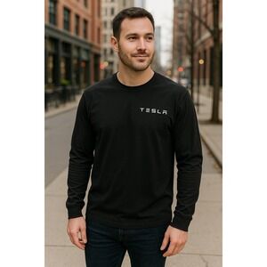 Tesla Shirt Mens Medium Black Long Sleeve Logo 100% Cotton Crewneck Tee